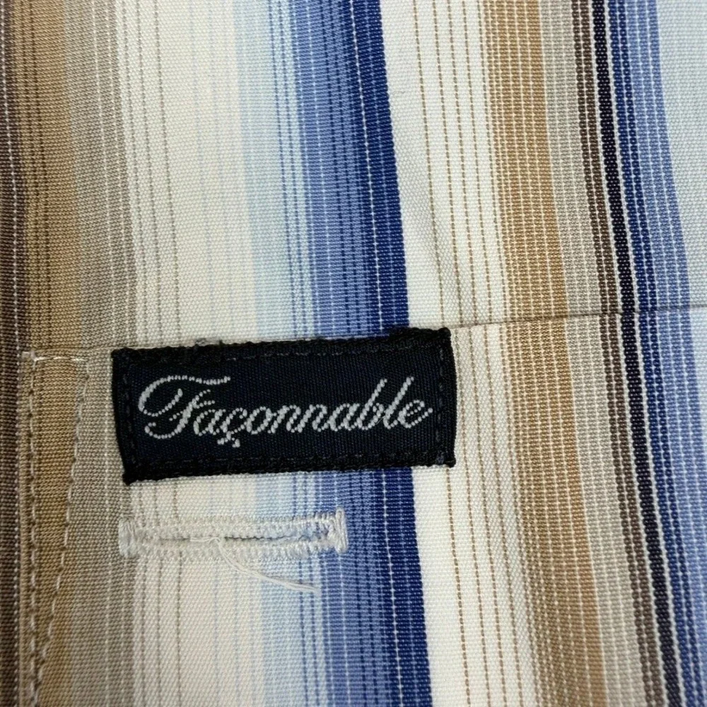 Faconnable Mens XXL‎ Blue/Tan/White Striped Long Sleeve Button Down Cotton Shirt